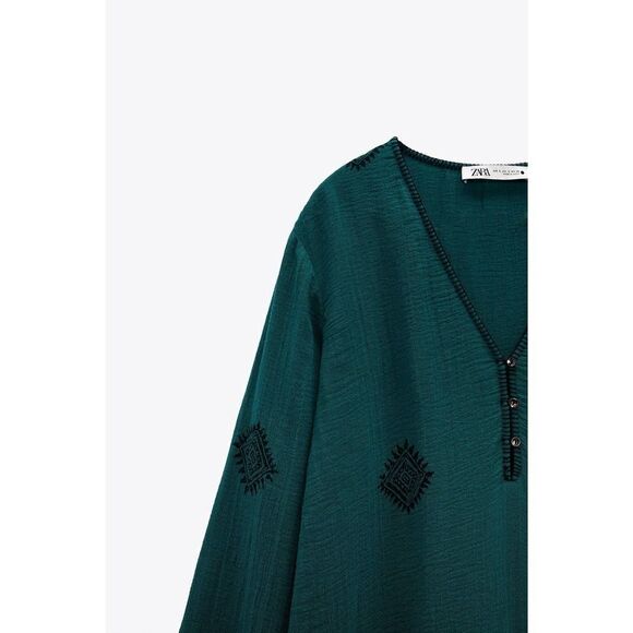 Zara Printed Midi Dress Cotton Green New - Picture 6 of 6